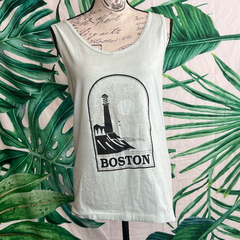 VTG Velva Sheen M Seafoam Light Green Blue Boston Graphic Lighthouse Summer Tank